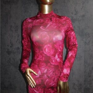 Pink Rose Patterned Long Sleeve Dress